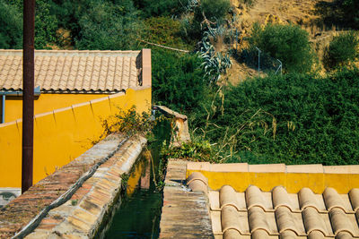 High angle view of yellow roof and building