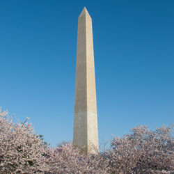 Low angle view of washington monument against clear blue sky in city