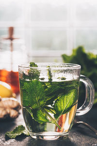 Close-up of tea in glass on table