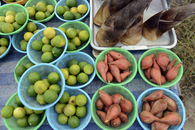 High angle view of fruits in small basket