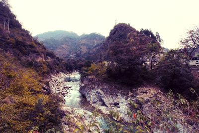 Scenic view of waterfall in forest against sky