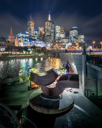 Man in illuminated city against sky at night