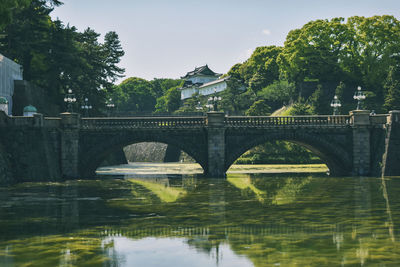 Arch bridge over river against sky