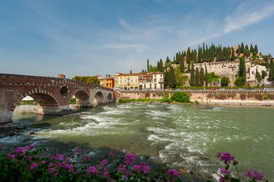 Arch bridge over river against buildings