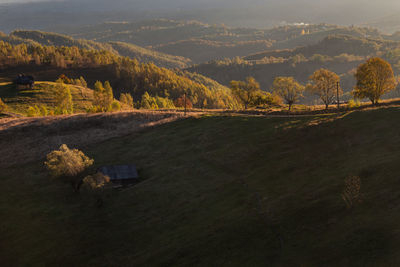 High angle view of trees on landscape against sky