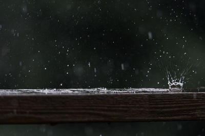 Close-up of raindrops on railing