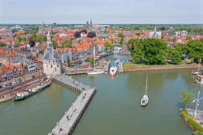 High angle view of boats in sea