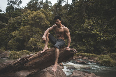 Portrait of shirtless man sitting against trees at forest