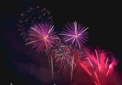 Low angle view of firework display at night