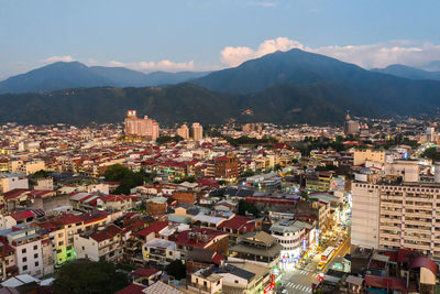 High angle shot of townscape against sky