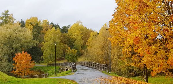 Bridge amidst trees against sky during autumn