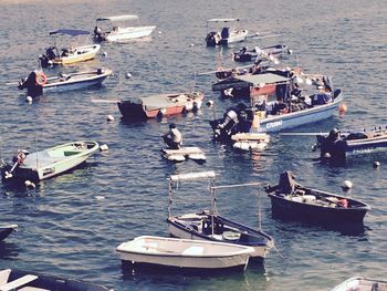 High angle view of boats moored in sea