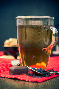 Close-up of tea in glass on table