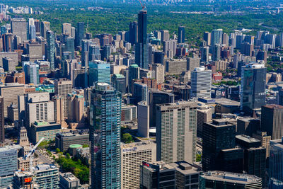 High angle view of modern buildings in city