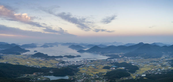 Scenic view of mountains against sky during sunset