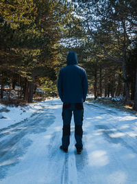 Rear view of man on snow covered land