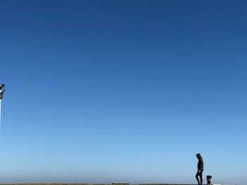 Rear view of people standing against clear blue sky