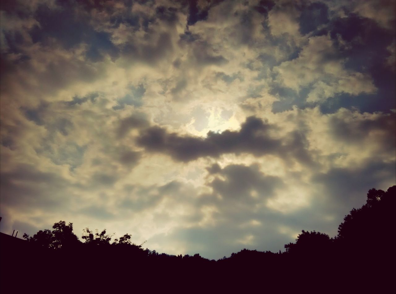 silhouette, sky, tree, cloud - sky, low angle view, tranquility, beauty in nature, tranquil scene, scenics, nature, cloudy, cloud, sunset, idyllic, dusk, outdoors, outline, no people, weather, growth