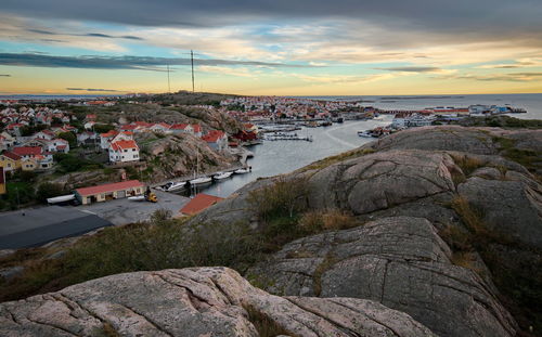 Scenic view of houses on coastline