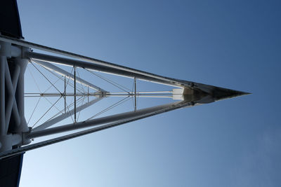 Low angle view of windmill against clear blue sky