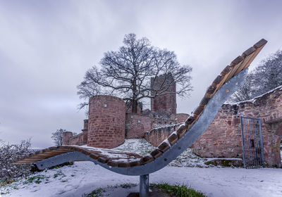 Snow covered old building against sky