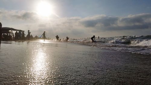 People at beach during sunset