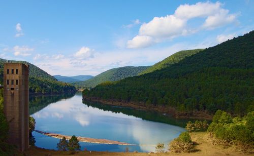 Panoramic view of lake and mountains against sky