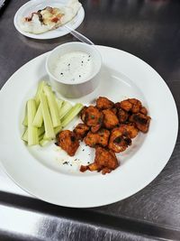 High angle view of food in plate on table