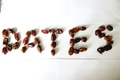 High angle view of candies against white background