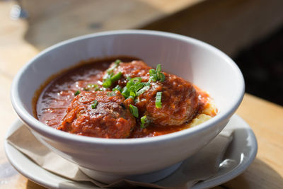 Close-up of soup in bowl on table