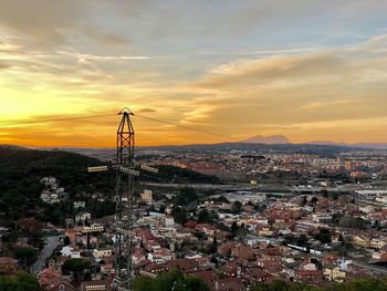 Aerial view of cityscape during sunset