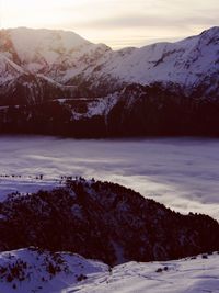 Scenic view of snow covered mountains against sky