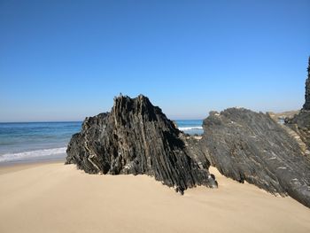 Panoramic view of beach against clear blue sky
