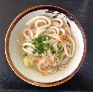 High angle view of soup in bowl on table