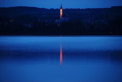 Reflection of church in water at blue hour