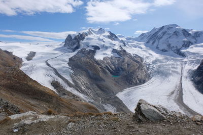 Scenic view of snowcapped mountains against sky