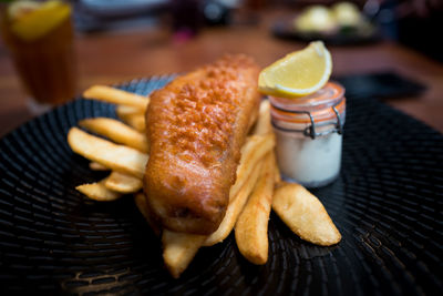 Close-up of dessert served on table