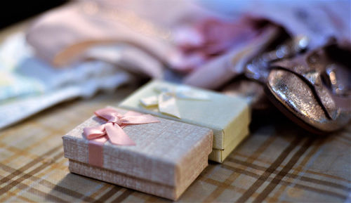 Close-up of gifts on table