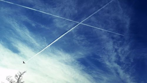 Low angle view of vapor trails against blue sky