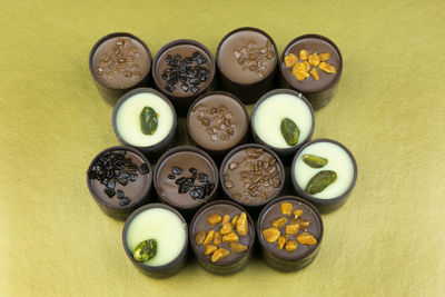 High angle view of candies on table