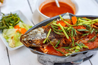 High angle view of food served on table