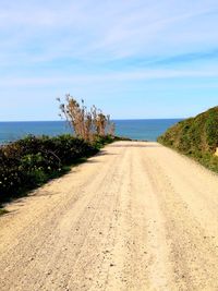 Dirt road towards sea against sky