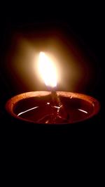 Close-up of lit candle in dark room