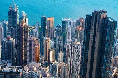 High angle view of modern buildings in city