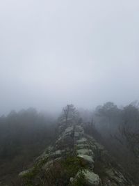 Scenic view of landscape against sky during foggy weather