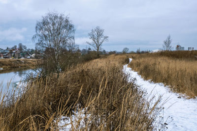 Snow-covered path along the river uvod in the city of ivanovo on a cloudy day.