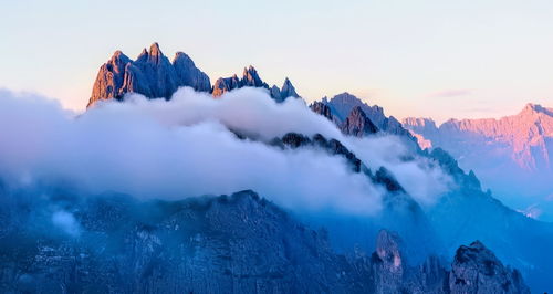 Panoramic view of snowcapped mountains against sky during winter