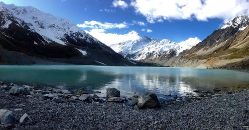 Scenic view of lake by snowcapped mountains against sky