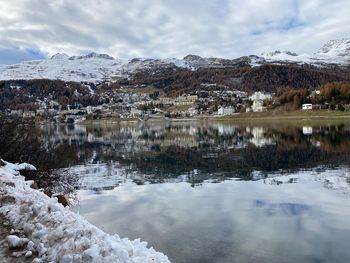 Scenic view of lake by snowcapped mountains against sky