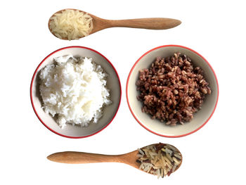 High angle view of food on table against white background